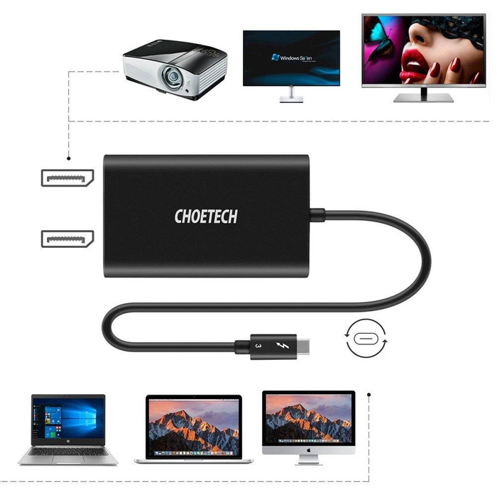 Adattatore spina Choetech USB tipo C Thunderbolt 3 (40 Gbps) - 2x DisplayPort 4K 60Hz nero (HUB-D03)