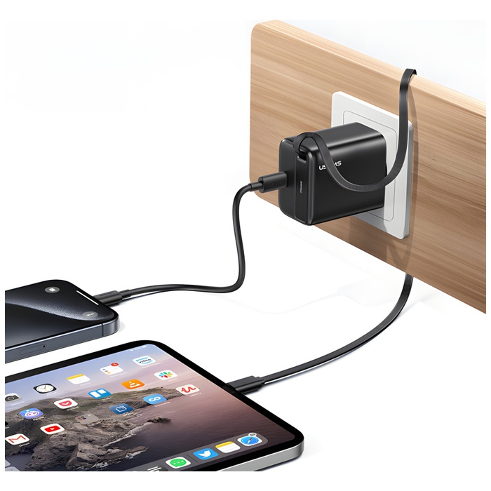 USAMS Ład. siec. 1xUSB-C ze zwijanym kablem USB-C Retractable PD+QC 30W Gan Fast Charging czarny/black YC Series CC241TC01 (US-CC241)