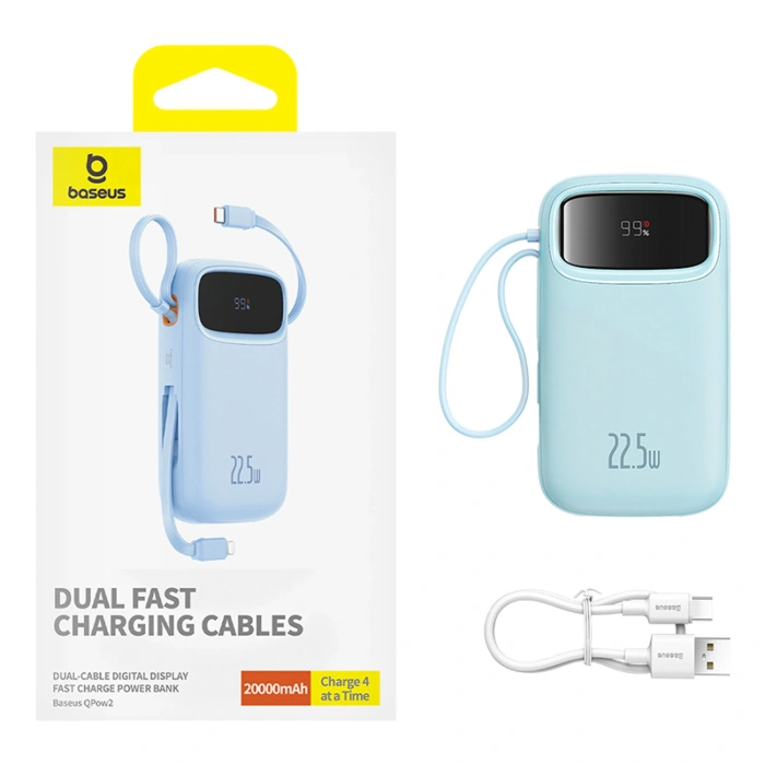 Powerbank Baseus Qpow2 20000mAh 22,5W z podwójnym kablem z wyświetlaczem cyfrowym + kabel Baseus Simple USB-C 3A 0,3m (biały) - niebieski