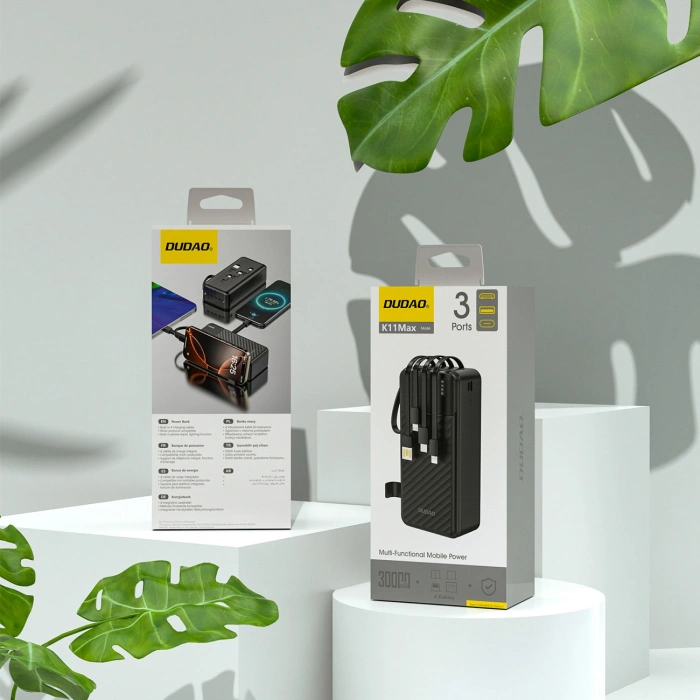 Powerbank Dudao K11 Max 30000mAh z wbudowanymi kablami - czarny