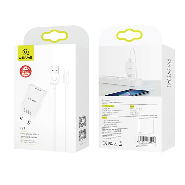 Charger Networked USAMS 1xUSB T21 Cable Lightning 2.1A Fast Charging T21OCLN01 White