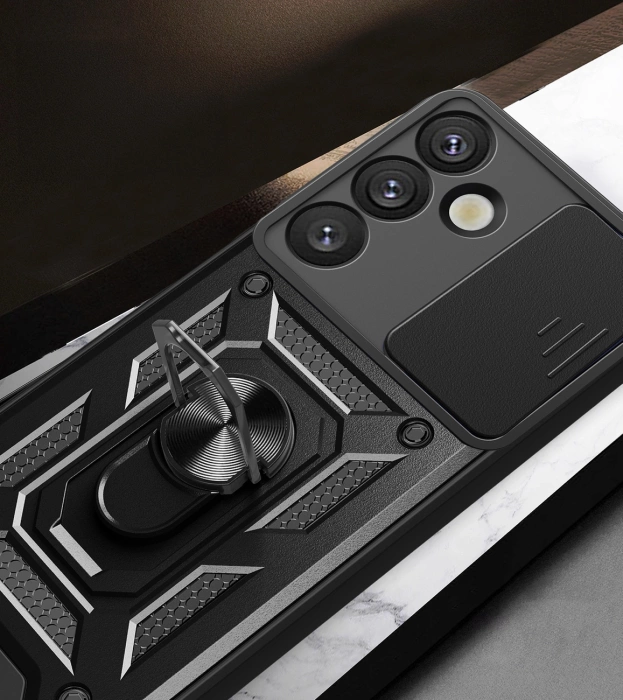 Hybrid Armor Camshield-Hülle mit Kameraabdeckung und Metallring für Samsung Galaxy S25+ – Schwarz