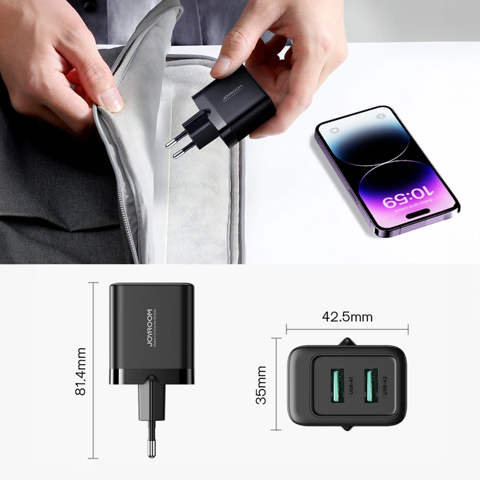 Caricabatterie da rete Joyroom JR-TCN01 2xUSB-A 12W 2.4A - nero