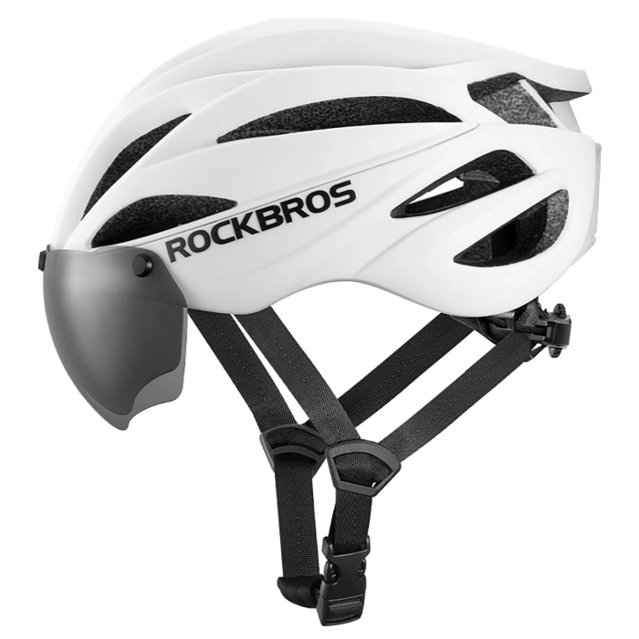 Rockbros Fahrradhelm mit Visier, abnehmbarer UV-Brille, Unisex, glänzend – Weiß