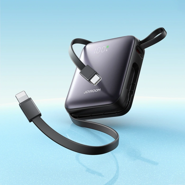Powerbank Joyroom JR-PBF27 10000mAh 22.5W z wbudowanymi kablami USB-C i Lightning - czarny