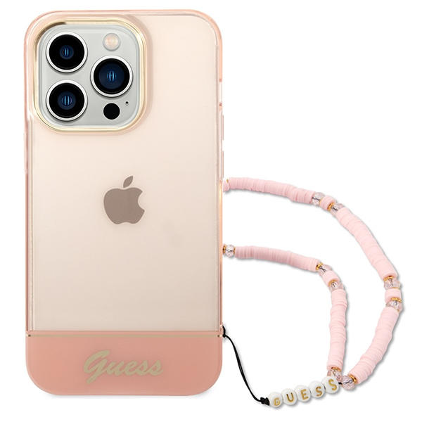 Hülle GUESS Apple iPhone 14 Pro Max Transluzente Perle Riemen Rosa Hartcase