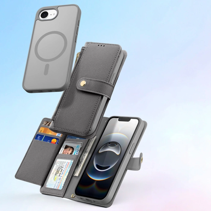 Dux Ducis Lawa iPhone 16e Lederhülle mit abnehmbarer magnetischer Brieftasche - Grau