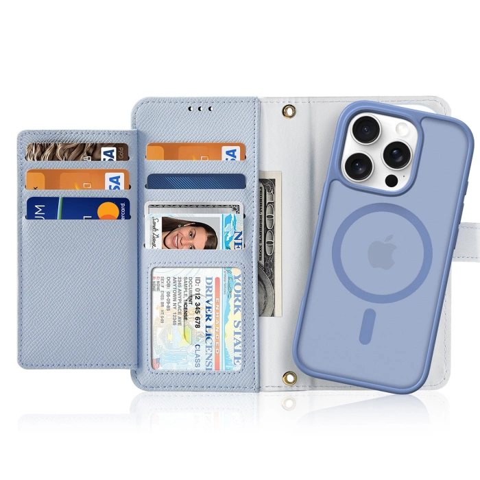 Dux Ducis Lawa iPhone 16 Pro Lederhülle mit abnehmbarer magnetischer Brieftasche - Blau