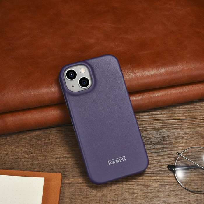 iCarer CE Premium Leather Folio Case iPhone 14 Plus Flip Magnetic MagSafe Custodia in pelle viola scuro (WMI14220715-DP)
