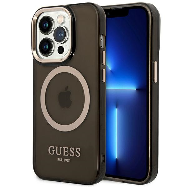 Case Guess GUHMP14XHTCMK iPhone 14 Pro Max 6.7" black/black hard case Gold Outline Translucent MagSafe