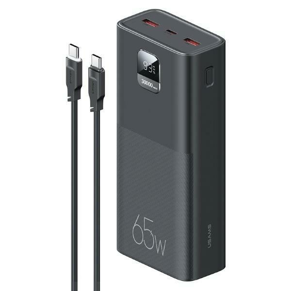 USAMS Powerbank PB68 30000mAh 65W QC3.0+PD gyorstöltés + kábel USB-C/USB-C 100W fekete/fekete ATXLOGTC01 (US-CD185)