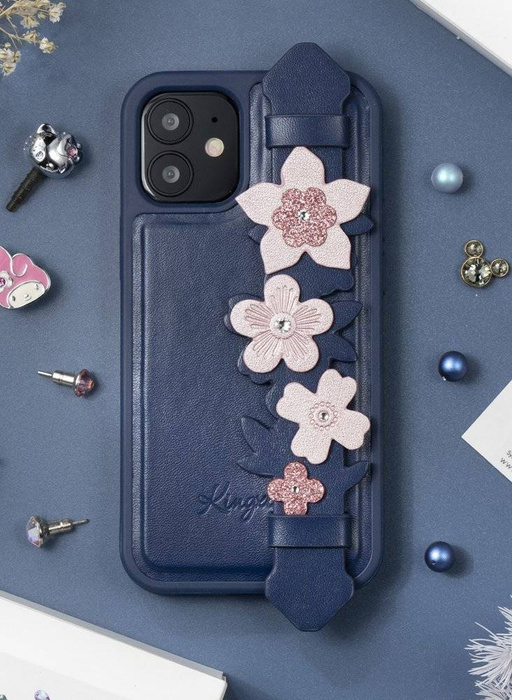 Kingxbar Sweet Series zselés tok valódi Swarovski kristályokkal díszítve, állvánnyal iPhone 12 Pro / iPhone 12 blue