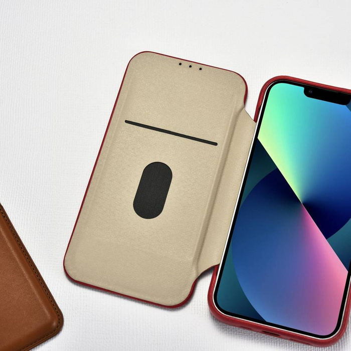 iCarer CE Oil Wax Premium Leather Folio Case Kožené pouzdro pro iPhone 14 Plus Flip Magnetic MagSafe červené (AKI14220707-RD)