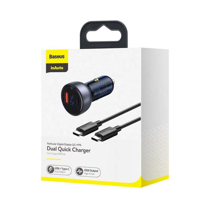 Baseus USB / USB Tipo C caricabatteria per auto 65 W 5 A SCP Quick Charge 4.0+ Power Delivery 3.0 Schermo LCD + USB Tipo C - Cavo USB Tipo C grigio (TZCCKX-0G)