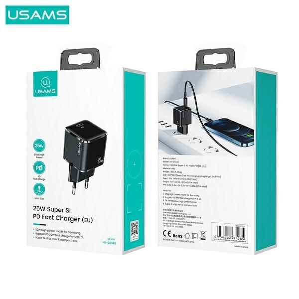 USAMS 1xUSB-C T42 Mini Wall Charger 25W 5V-3A PD3.0 Fast Charging Black