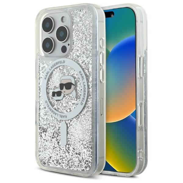 Etui Karl Lagerfeld iPhone 16 Pro 6.3" hardcase transparent Liquid Glitter Karl&Choupette Head Magsafe