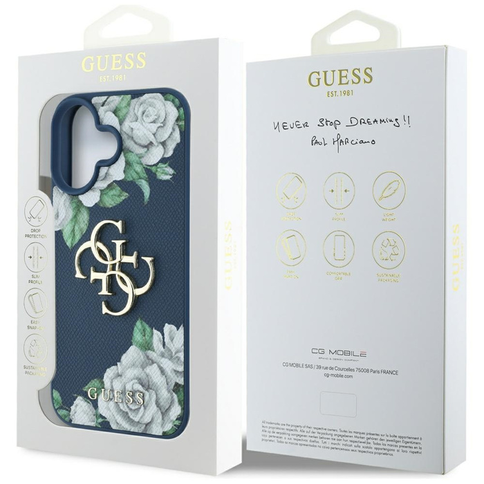 Etui Guess Grained Roses Big 4G logo do  iPhone 16 niebieski
