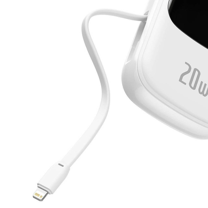 Banque d&#39;alimentation à affichage numérique Baseus Qpow avec charge rapide 20000mAh 20W QC/PD/SCP/FCP avec câble Lightning intégré blanc