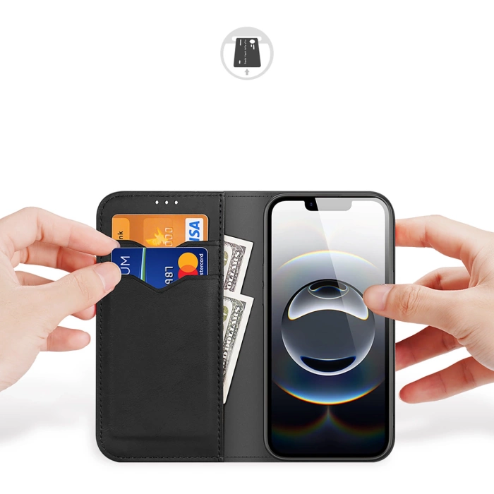 Dux Ducis Hivo iPhone 16e Hülle mit Klappdeckel und RFID-Schutz - Schwarz