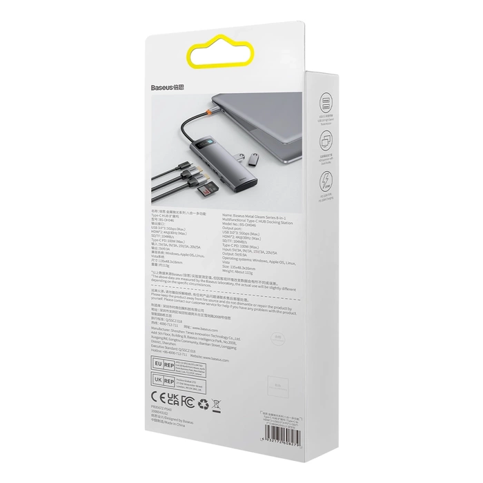 [RETURNED ITEM] Dokovací stanice 8-v-1 USB typu C HUB Baseus Metal Gleam Series – 2 x HDMI / 3 x USB 3.2 Gen. 1 / 1 x napájení / 1 x čtečka karet SD / 1 x čtečka karet TF šedá (WKWG050113)
