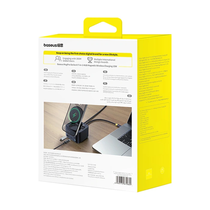 Hub USB-C 7w1 Baseus MagPro Series II z ładowarką kompatybilną z MagSafe 15W + HDMI + USB-A + USB-C + SD/TF - czarny