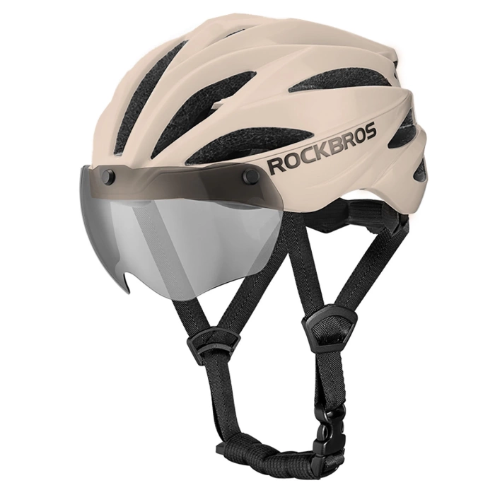 Rockbros Fahrradhelm mit Visier, abnehmbarer UV-Schutzbrille, Unisex – Braun