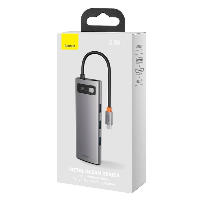HUB multifonction Baseus Metal Gleam 8in1 USB Type C - Alimentation USB Type C 100 W / HDMI 4K 30 Hz / Lecteur de carte mémoire SD et microSD / 3x USB 3.2 Gen 1 / RJ45 1 Gbps Gris (CAHUB-CV0G)