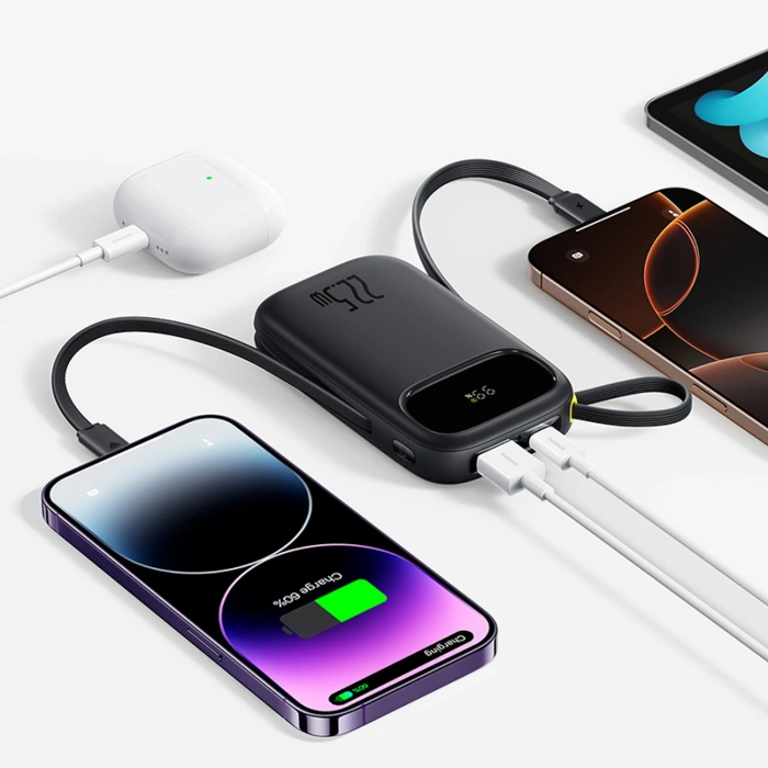 Powerbank Baseus EnerFill FC31 10000mAh 22.5W z wyświetlaczem cyfrowym i 2 wbudowanymi kablami (USB-C + Lightning) - czarny