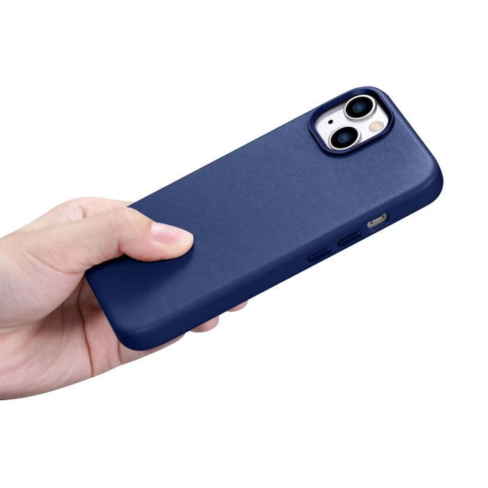 iCarer Case Leather Housse en cuir véritable pour iPhone 14 Bleu (WMI14220705-BU) (Compatible MagSafe)