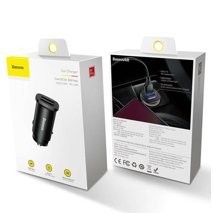 Baseus Square Smart Car Charger 2x USB QC3.0 Quick Charge 3.0 SCP AFC 30W Black (CCALL-DS01)