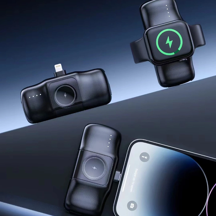 Wozinsky WF16-YLS 5000 mAh 15 W Lightning Mini-Powerbank mit integriertem USB-C-Kabel und Apple Watch Ladegerät – Schwarz