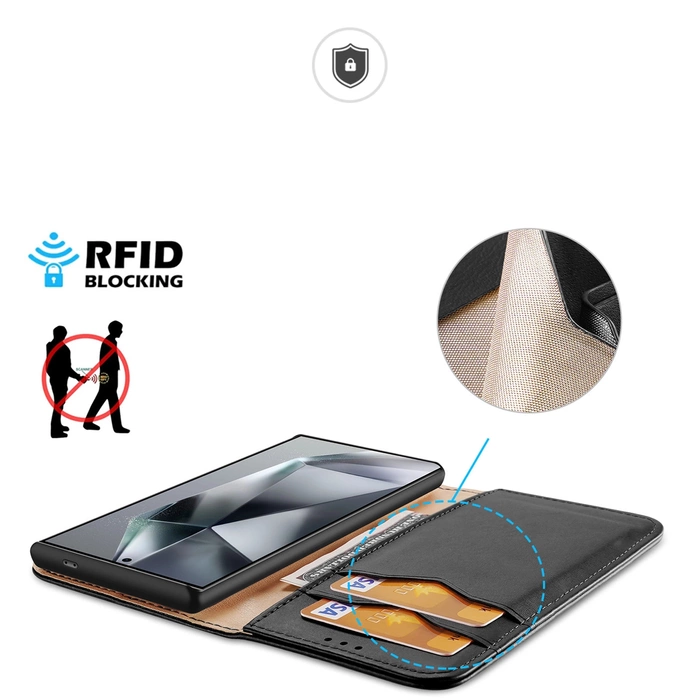 Custodia Dux Ducis Hivo con patta e blocco RFID per Samsung S24 Galaxy Ultra - nera
