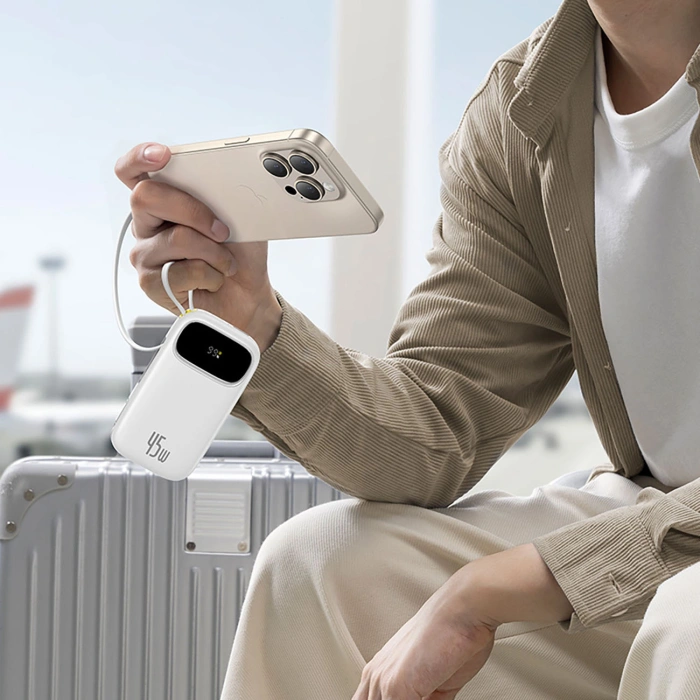 Powerbank Baseus EnerFill FC31 20000mAh 45W z wyświetlaczem cyfrowym i 2 wbudowanymi kablami (USB-C + Lightning) - biały
