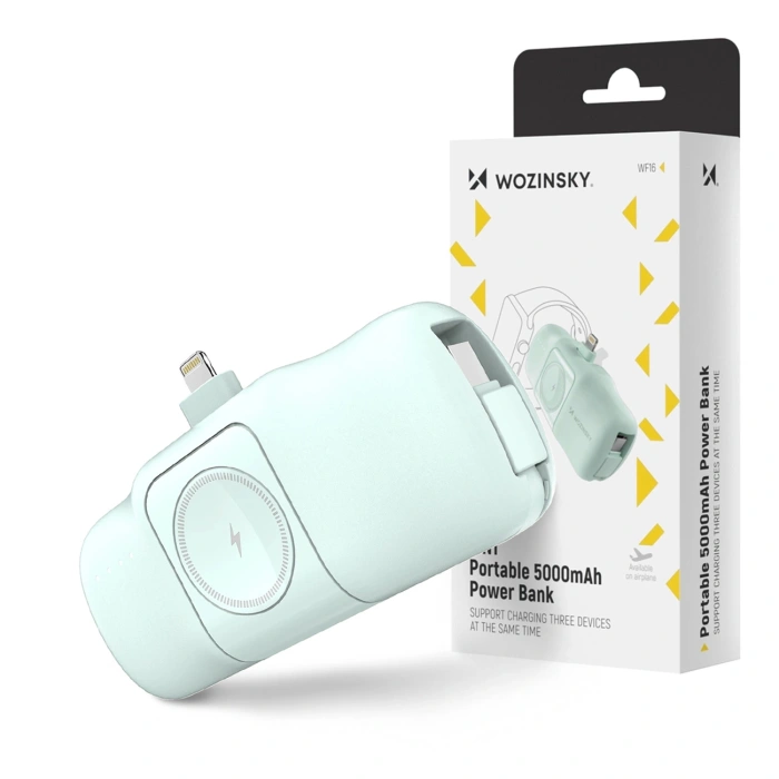 Mini powerbank Wozinsky WF16-YLS 5000mAh 15W Lightning z wbudowanym kablem USB-C i ładowarką do Apple Watch - zielony