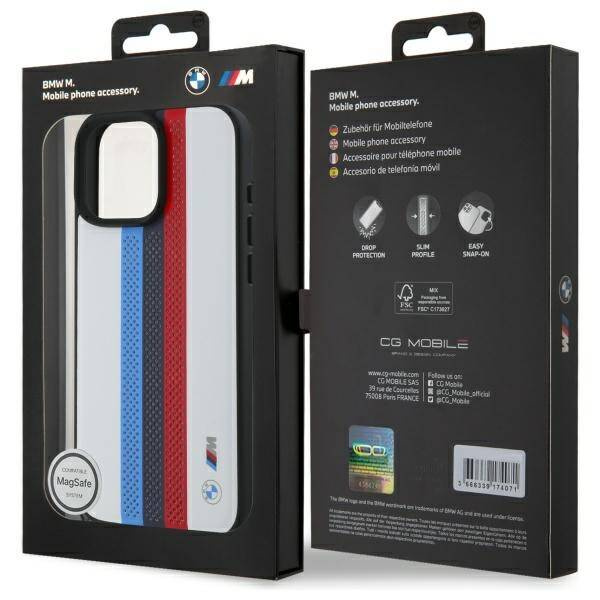 Case BMW iPhone 16 Pro Max 6.9" white/white hardcase M Perf. Tricolor Printed Stripes MagSafe