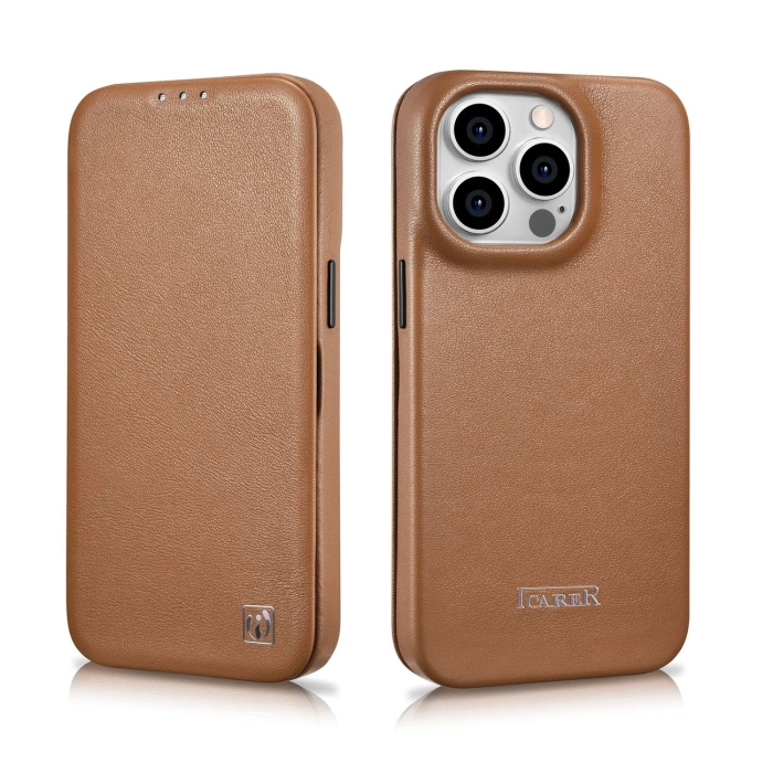 iCarer CE Premium Leather Folio Case iPhone 14 Pro Magnetic Flip Leather Folio Case MagSafe braun (WMI14220714-BN)