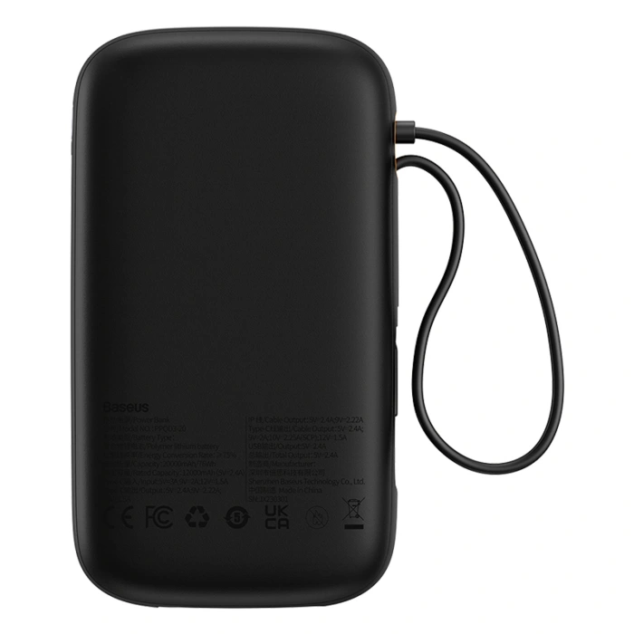 Powerbank Baseus Qpow2 20000mAh 22,5W z podwójnym kablem z wyświetlaczem cyfrowym + kabel Baseus Simple USB-C 3A 0,3m (czarny) - czarny