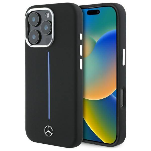 Etui Mercedes iPhone 16 Pro 6.3" czarny/black hardcase Silicone Blue Stripe MagSafe