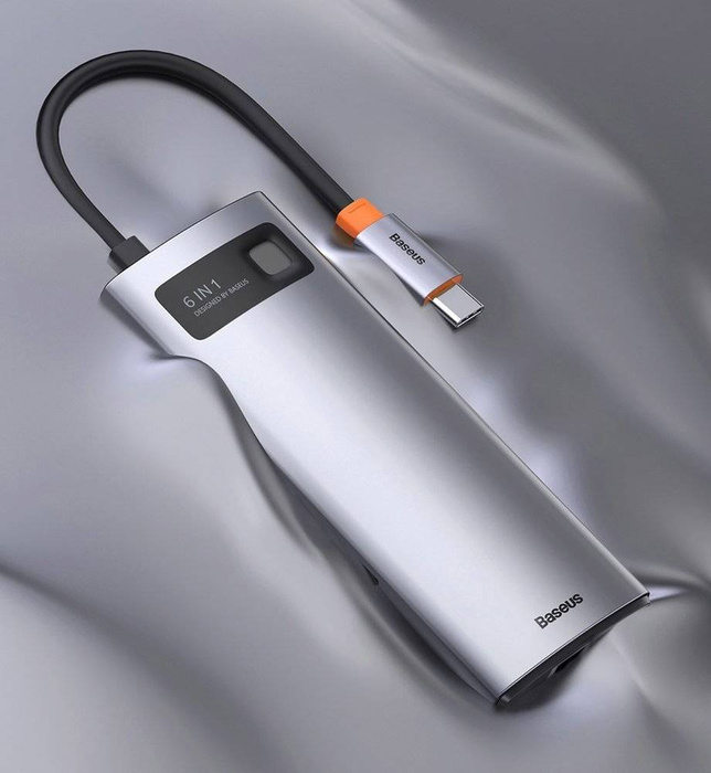 Baseus Metal Gleam 6en1 HUB multifonctionnel USB Type C - Alimentation USB Type C 100 W / HDMI 4K 30 Hz / 3x USB 3.2 Gen 1 / RJ45 1 Gbps (CAHUB-CW0G)
