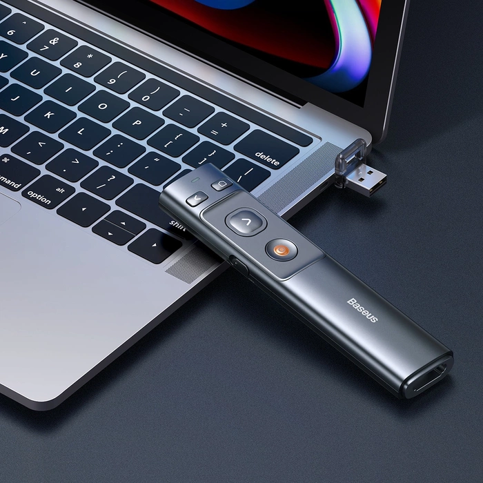 Baseus Orange Dot Multifunkcionális távirányító prezentációhoz, piros lézermutatóval (szürke)