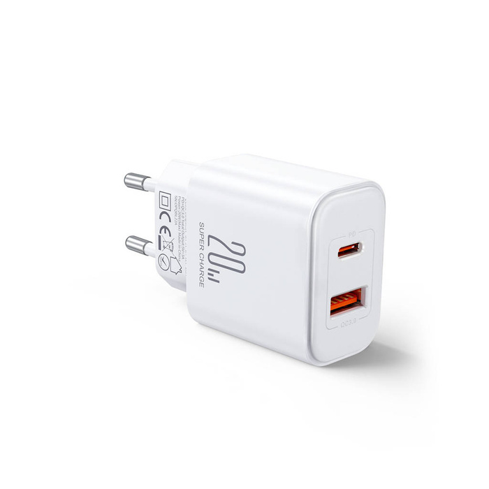 Joyroom JR-TCF05 20 W USB-C / USB-A Schnelles Dual-Port-Wandladegerät – Weiß + USB-C – Lightning 1 m