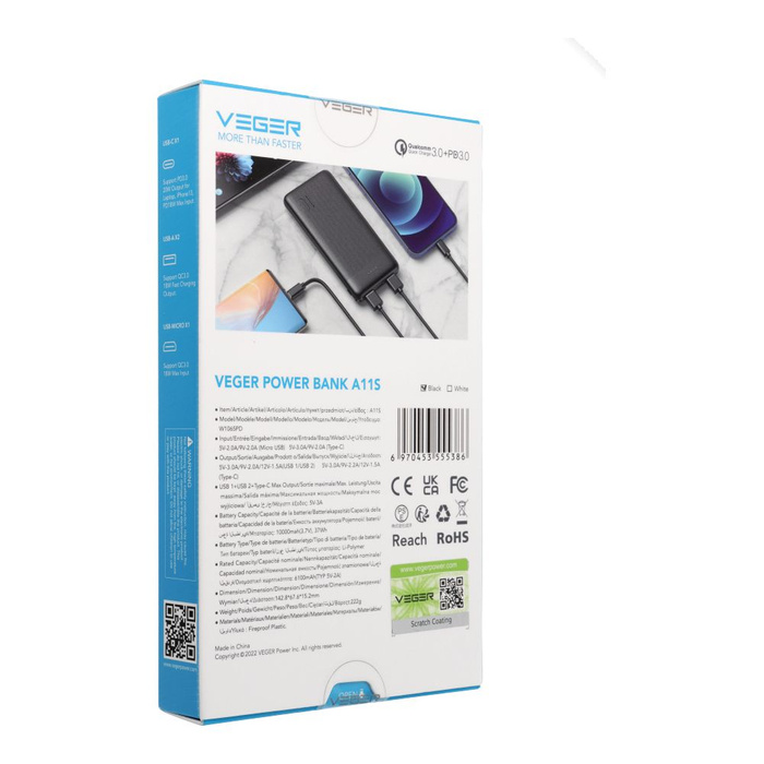 Powerbank Veger A11S (W1133) PD QC3.0 2A 20W 10000 mAh czarny