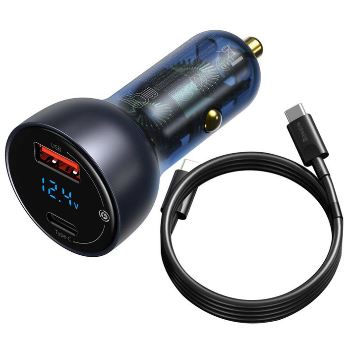 Baseus USB / USB Type C nabíječka do auta 65 W 5 A SCP Quick Charge 4.0+ Power Delivery 3.0 LCD obrazovka + USB Type C - USB Type C kabel šedý (TZCCKX-0G)
