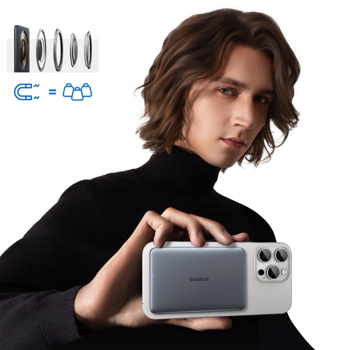 Powerbank Baseus PicoGo AM41 5000mAh 20W ultra-cienki, kompatybilny z MagSafe z czarnym kablem Baseus Simple USB-C 60W 30cm - szary