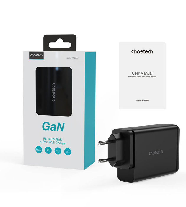 Choetech nabíječka GaN 140W 4 porty (2x USB C, 2x USB) černá (PD6005)