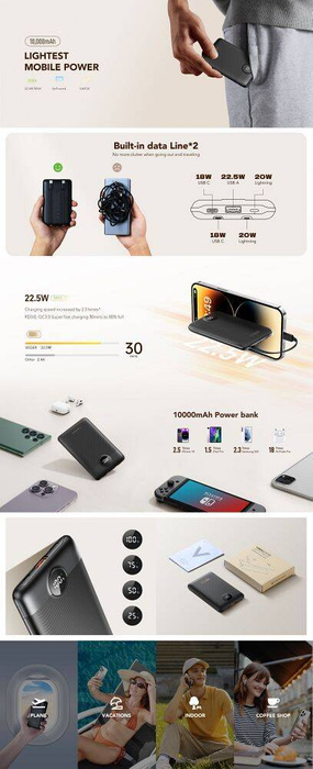 VEGER powerbank 10000 mAh z wbudowanymi kablami Typ C / Lightning PD QC3.0 2A 22,5W C11 (W1170) czarny