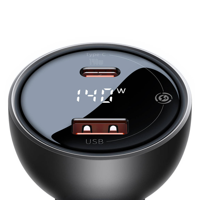 Baseus Digital Display Fast Caricabatteria da auto USB-A / USB-C PD3.1 140W nero + cavo USB-C Baseus Superior Series 5A 240W 1m nero (CGZX070001)