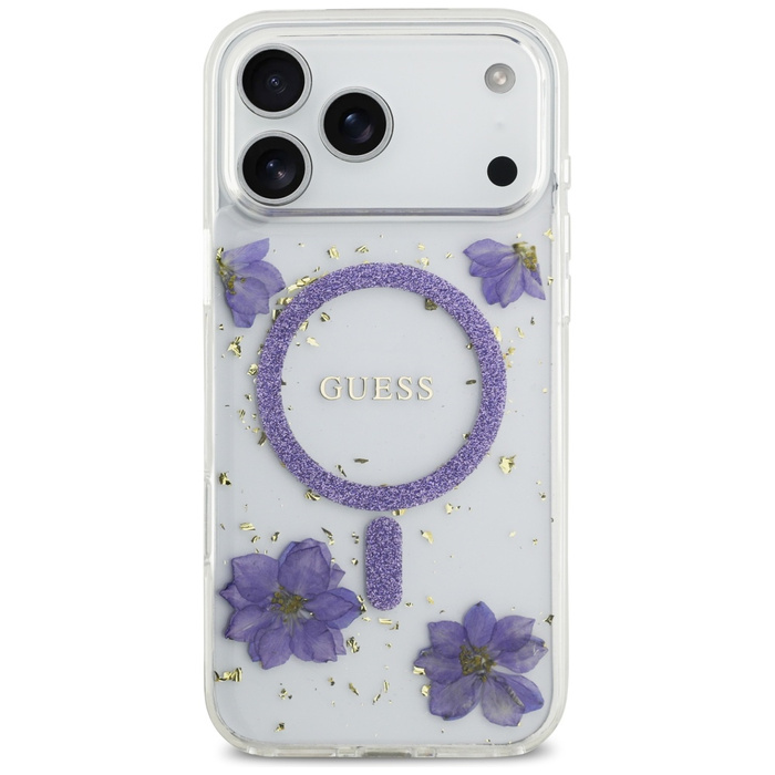 Etui Guess Resin Flowers Glitter MagSafe do iPhone 17 Pro Max fioletowy