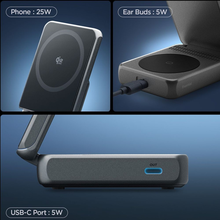 Spigen ESSENTIAL EF302MOQ Qi2.2 2IN1 MagNETIC MagSafe CHARGEUR SANS FIL NOIR