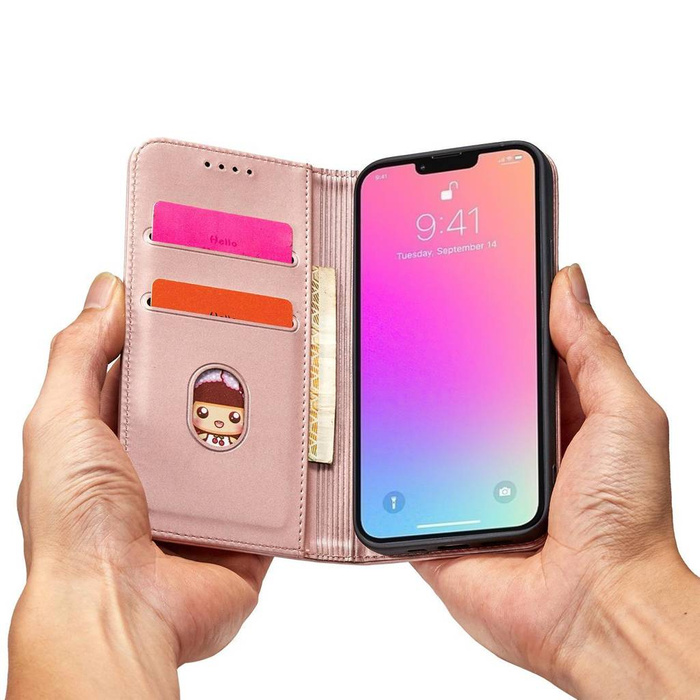 Magnet Card Case Case pour iPhone 14 Flip Cover Wallet Stand Rose